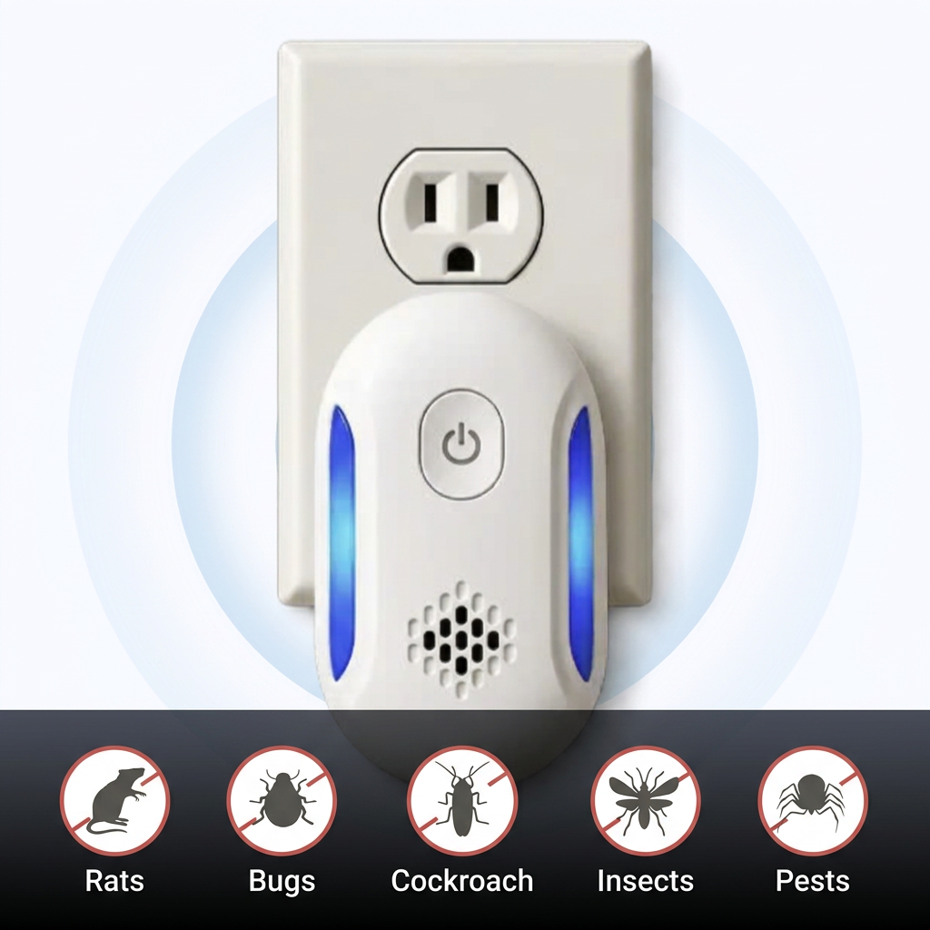 A white Nixo plug-in pest repeller glowing in a wall socket, shown with the pests it is advertised to deter: rats, bugs and cockroaches