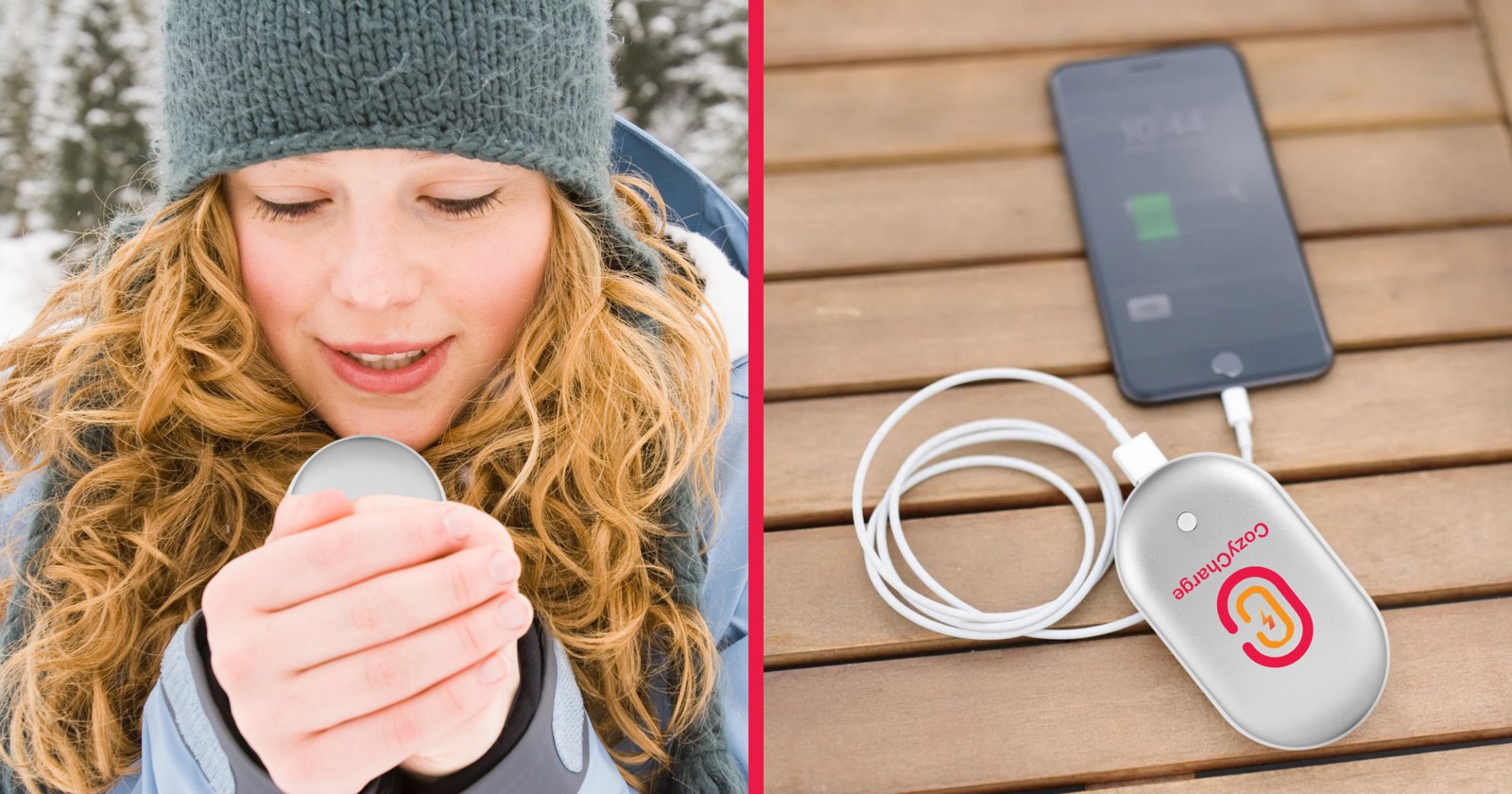 CozyCharge warming hands outdoors beside the same device charging a phone by cable
