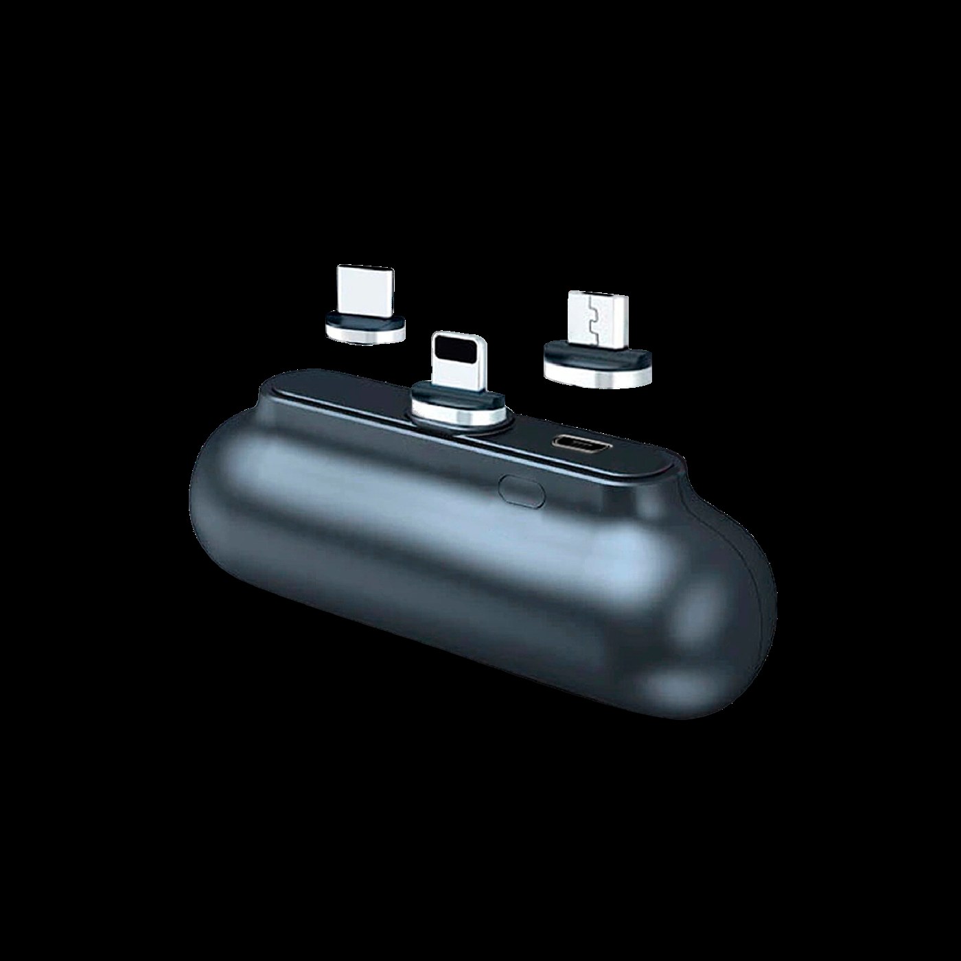 A Snap-N-Charge portable charger beside its three connector adapters