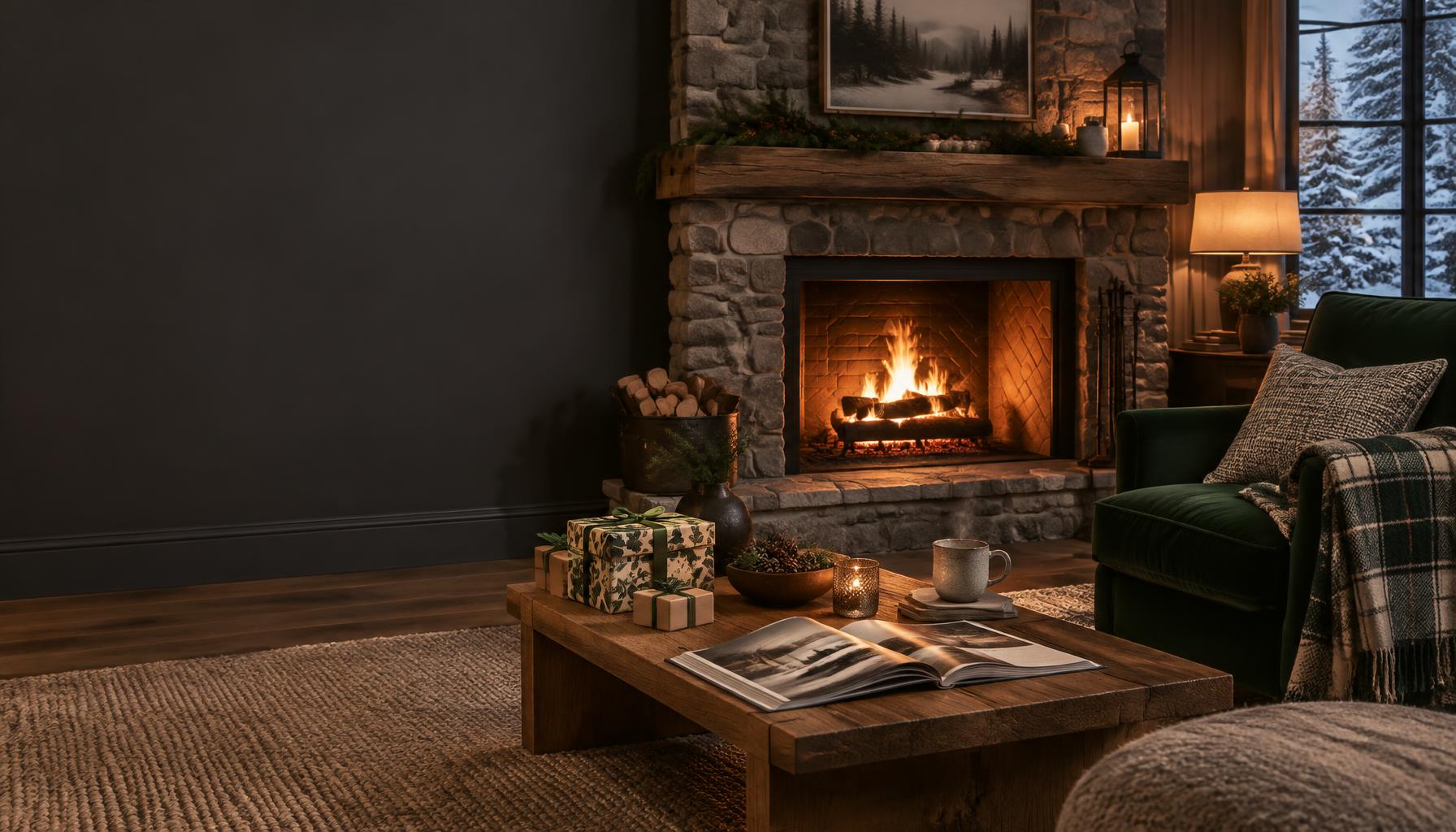 A winter evening by a glowing stone fireplace, with a green armchair, an open magazine and wrapped gifts
